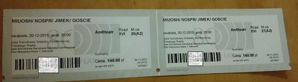 2x bilet Miuosh/ Nospr Jimek Goście 20.12.2015