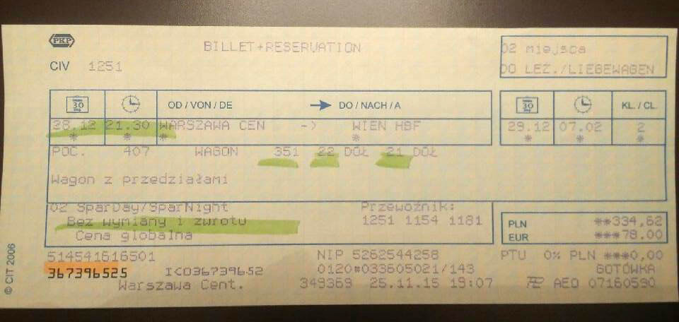 2 bilety PKP Warszawa – Wiedeń (kuszetka)