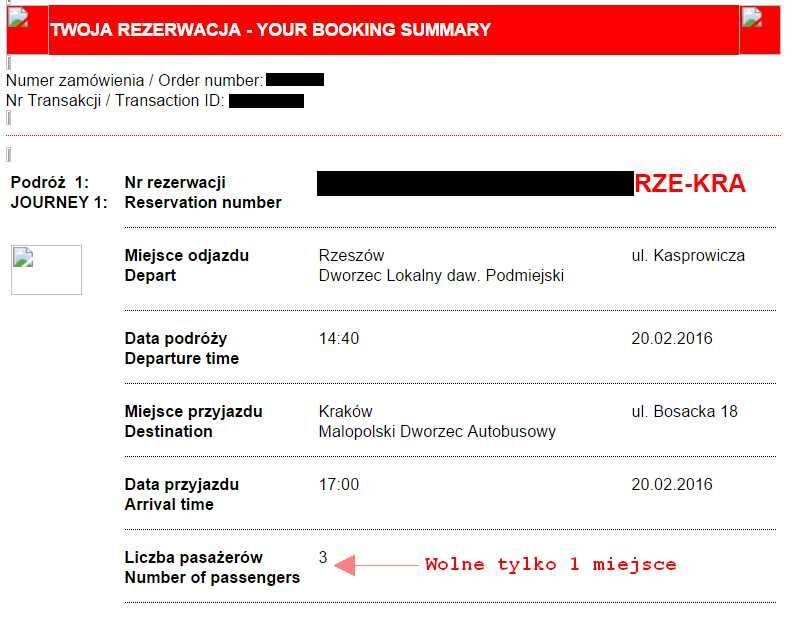 Bilet dla 1 osoby Rzeszów-Kraków dnia 20.02.2016 (