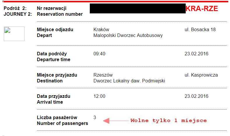 Bilet dla 1 osoby Kraków-Rzeszów dnia 22.02.2016 (