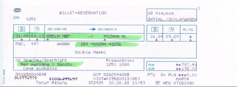 2 bilety na pociag Z Kolonii HBF do Poznania 31.03