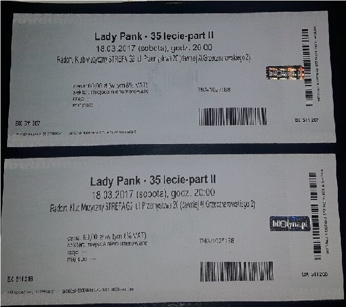 2x Bilety na Koncert Lady Pank – 35 Lecie – 18.03
