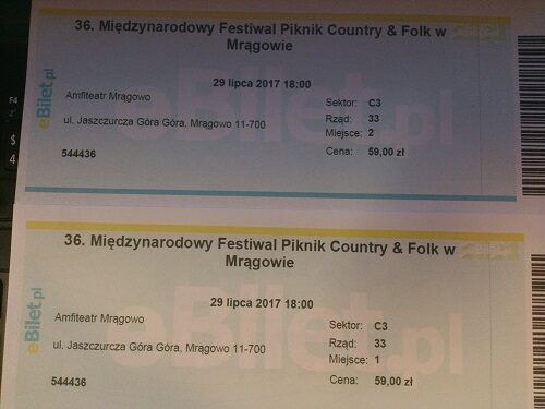 2 Bilety na Piknik Country Mrągowo 29 lipca 2017