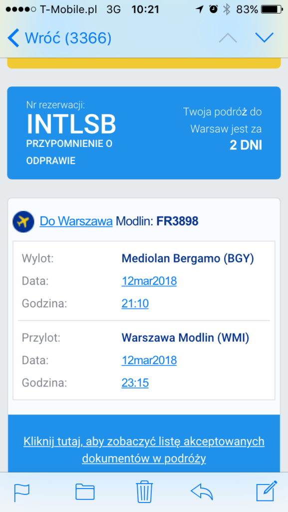 Sprzedam bilet Bergamo – Warszawa Modlin