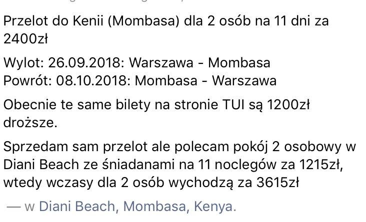 Sprzedam 2 bilety do Kenii
