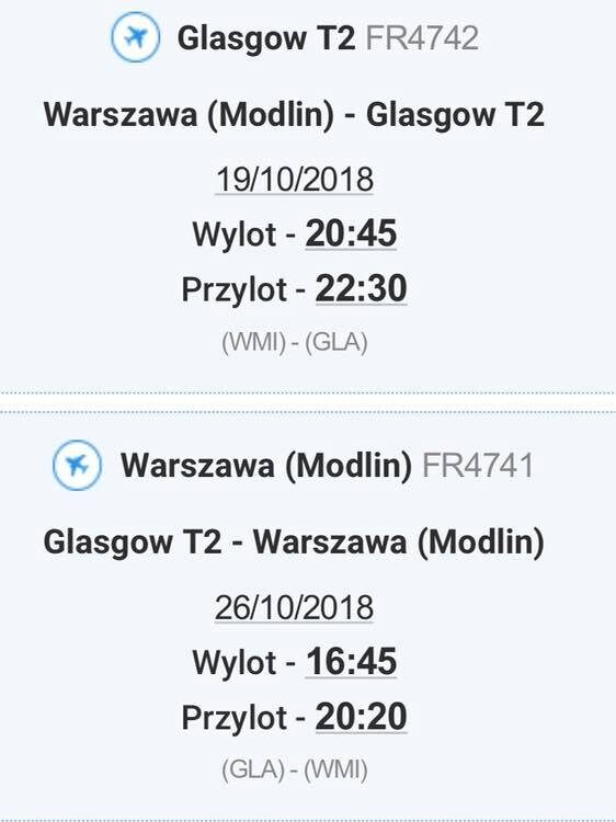 Bilety lotnicze WARSZAWA – GLASGOW, GLA – WAR