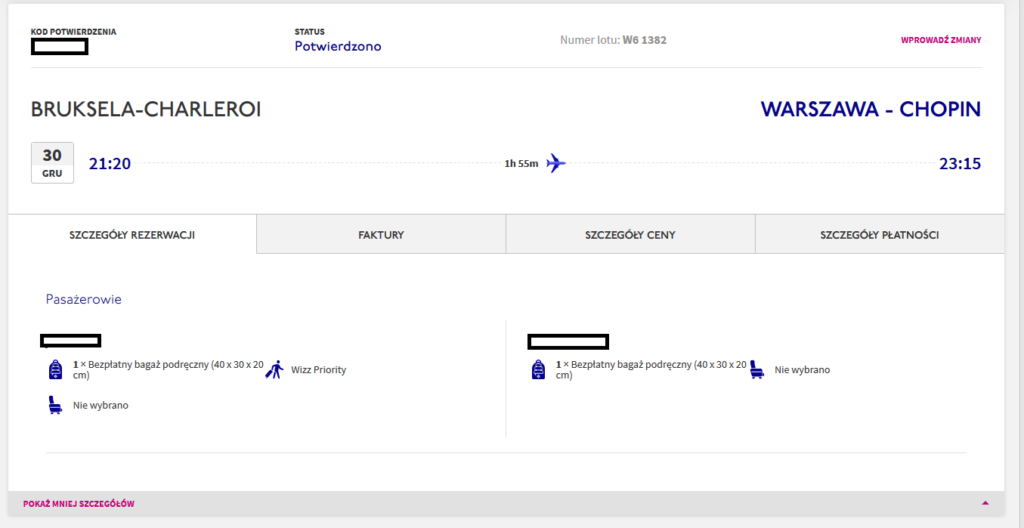 Bilety Wizzair Bruksela-Charleroi – Warszawa 30.12