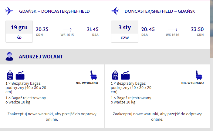 Sprzedam bilety lotnicze Gdansk -Doncaster sheffie