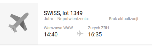 Warszawa – Zurych 3 bilety SWISS 12.12.2018r 14:40