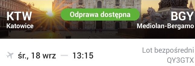 Sprzedam bilet Ryanair Katowice – Mediolan-Bergamo