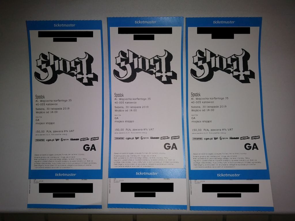 3 BILETY NA KONCERT GHOST SPODEK KATOWICE 30.11.19