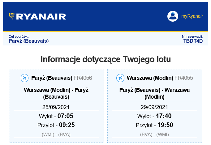 25 – 29.09 Warszawa Modlin – Paryż Beauvais