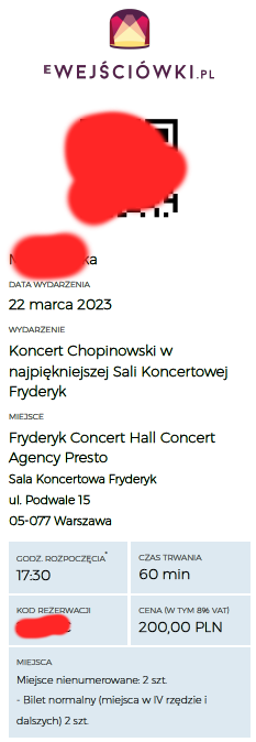 2 bilety na koncert Chopinowski 22.03 o 17:30