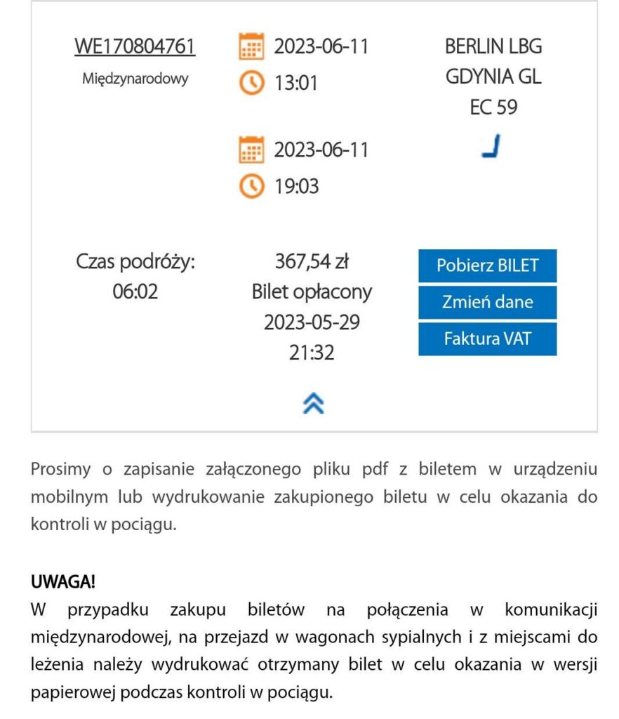 2 bilety na pociąg  Berlina do Gdyni na 11 czerwca