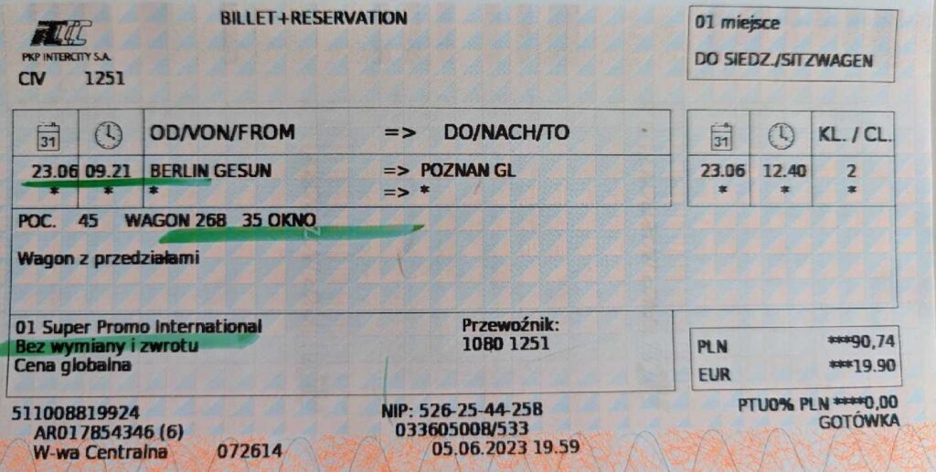 Bilet Berlin Gesun do Poznań Gł 23.06 g.09:21