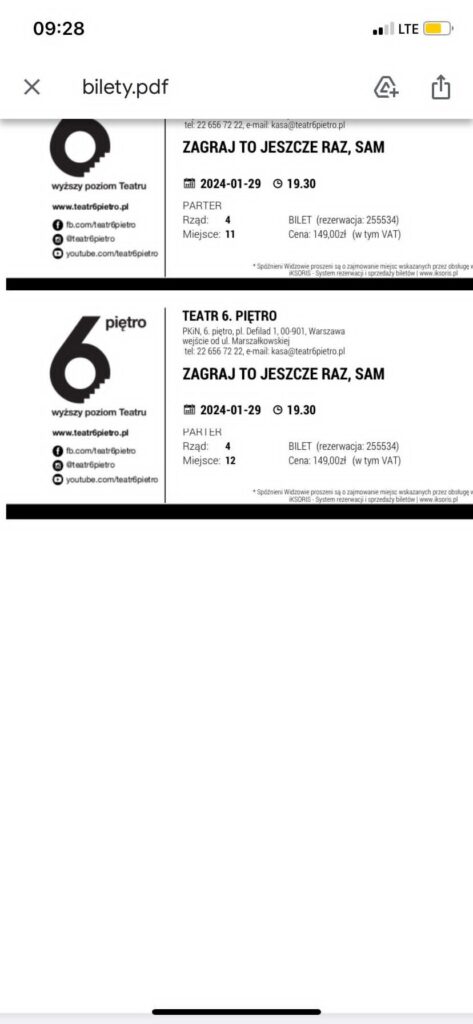 2 bilety Teatr 6 Piętro Zagraj to jeszcze raz, Sam