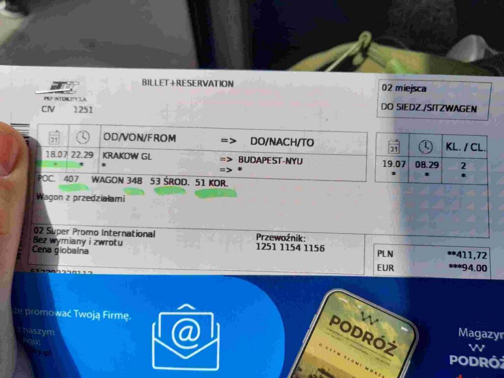 Dwa bilety na pociąg Kraków – Budapeszt 18.07.2024