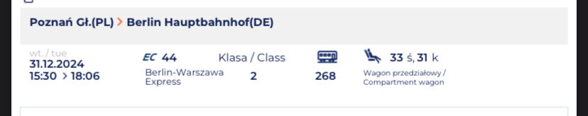 31.12 ekspres Poznań – Berlin 2 bilety 15:30