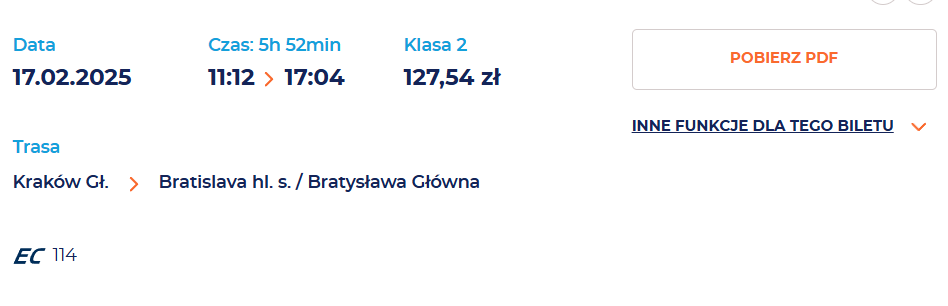 Kraków – Bratysława, 17.02, bilet 2 os. normalne