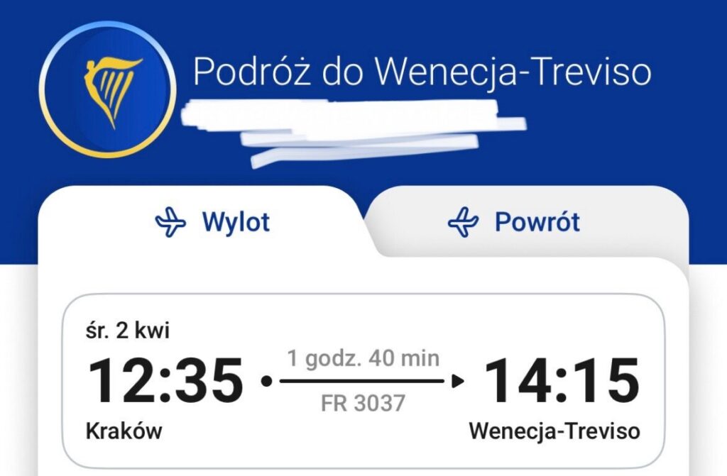 2-6 kwiecień bilety Kraków Wenecja 2 strony +bagaż
